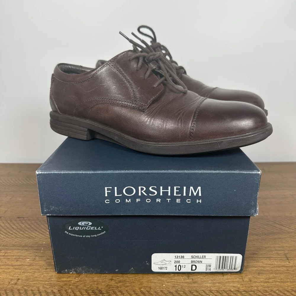 Florsheim Shoes Mens 10.5 Brown Leather Schiller Comfortech Cap Toe Oxford Dress